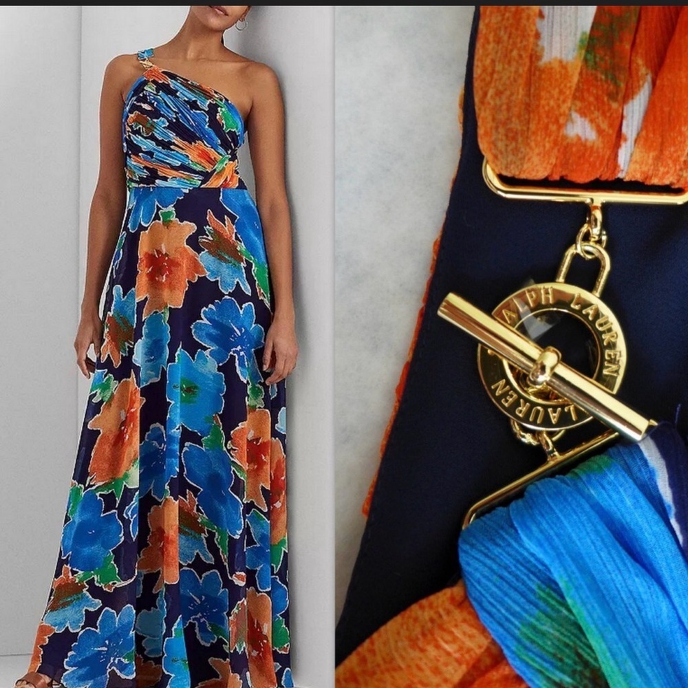 Ralph Lauren One-Shoulder Floral Dress in Blue and Orange wedding guest gown 12 - Picture 2 of 8